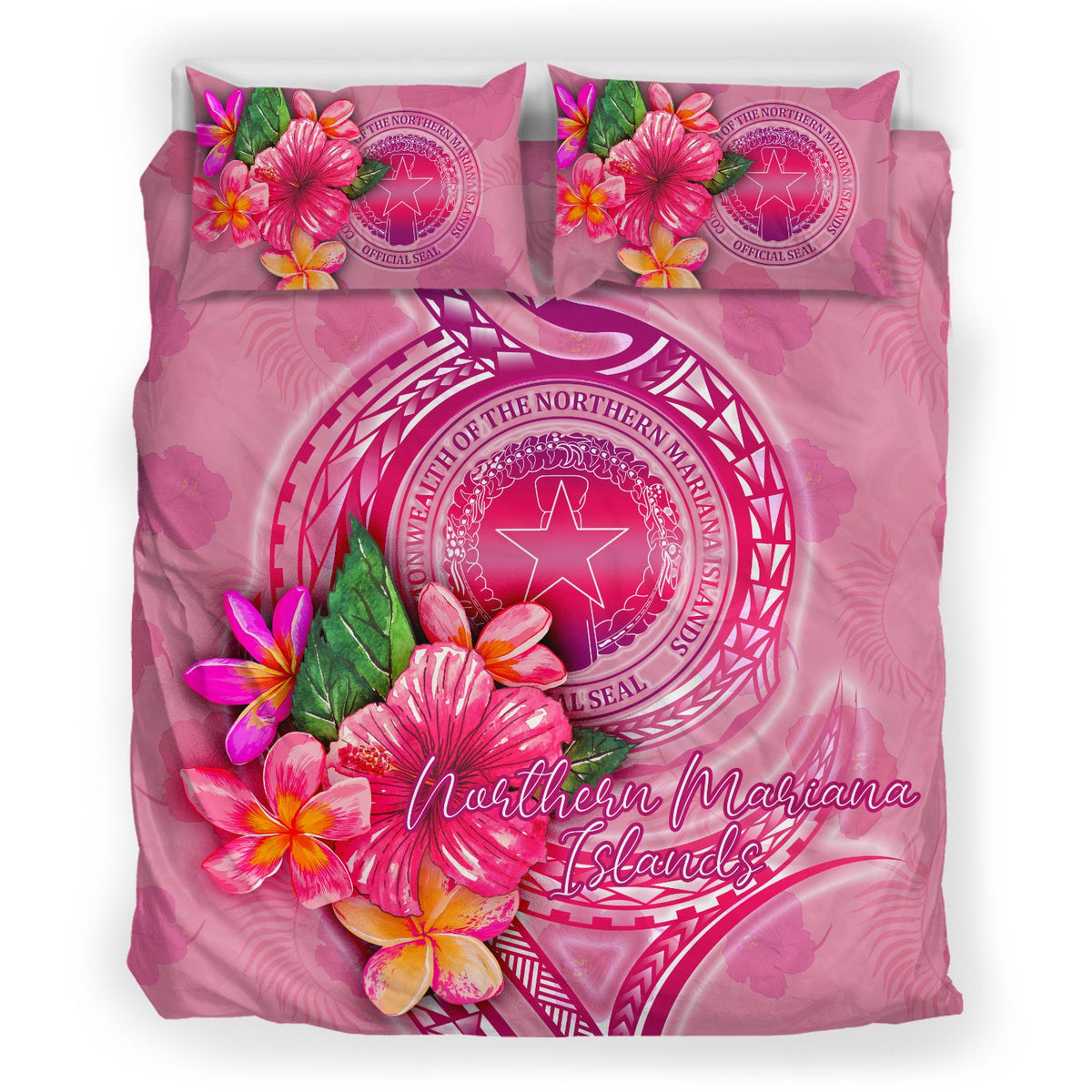Northern Mariana Islands Polynesian Bedding Set - Floral With Seal Pink - Polynesian Pride