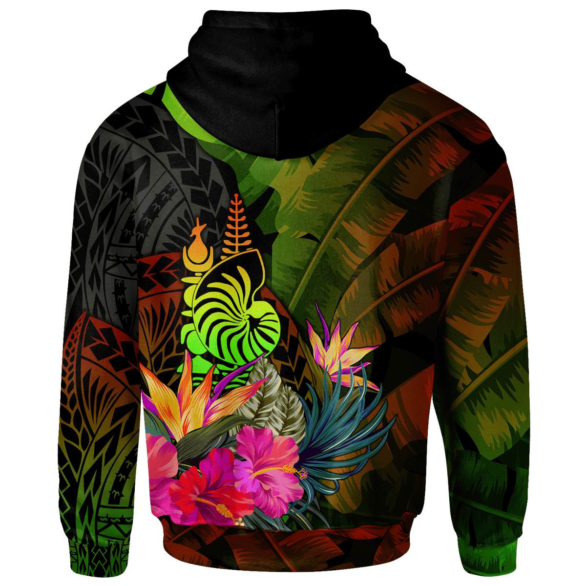 New Caledonia Polynesian Custom Zip up Hoodie Hibiscus and Banana Leaves - Polynesian Pride