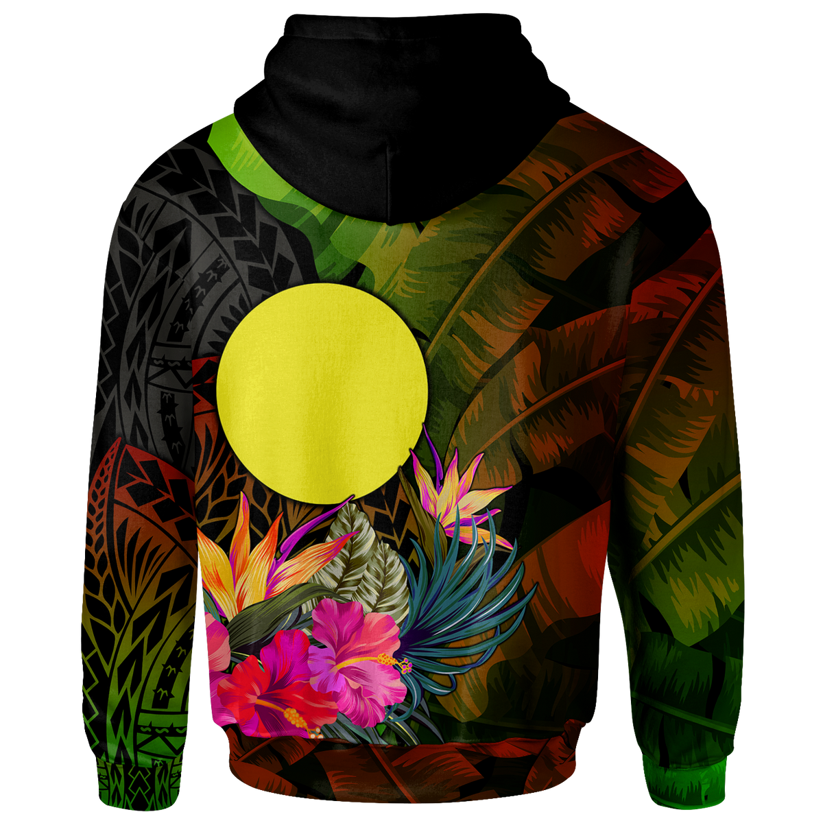 Palau Polynesian Custom Zip up Hoodie Hibiscus and Banana Leaves - Polynesian Pride