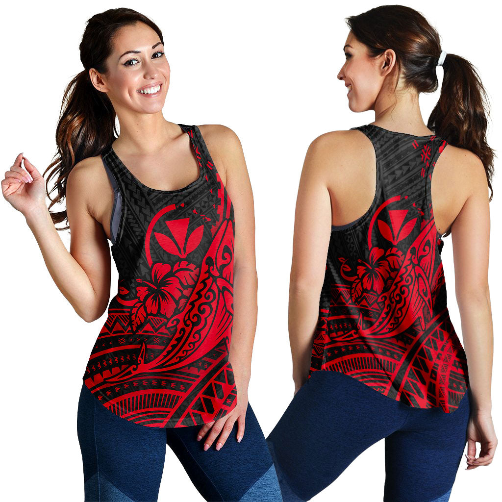 Hawaii Humpback Whale With Hibiscus Tribal Red Women Tank Top - LT12 Red - Polynesian Pride