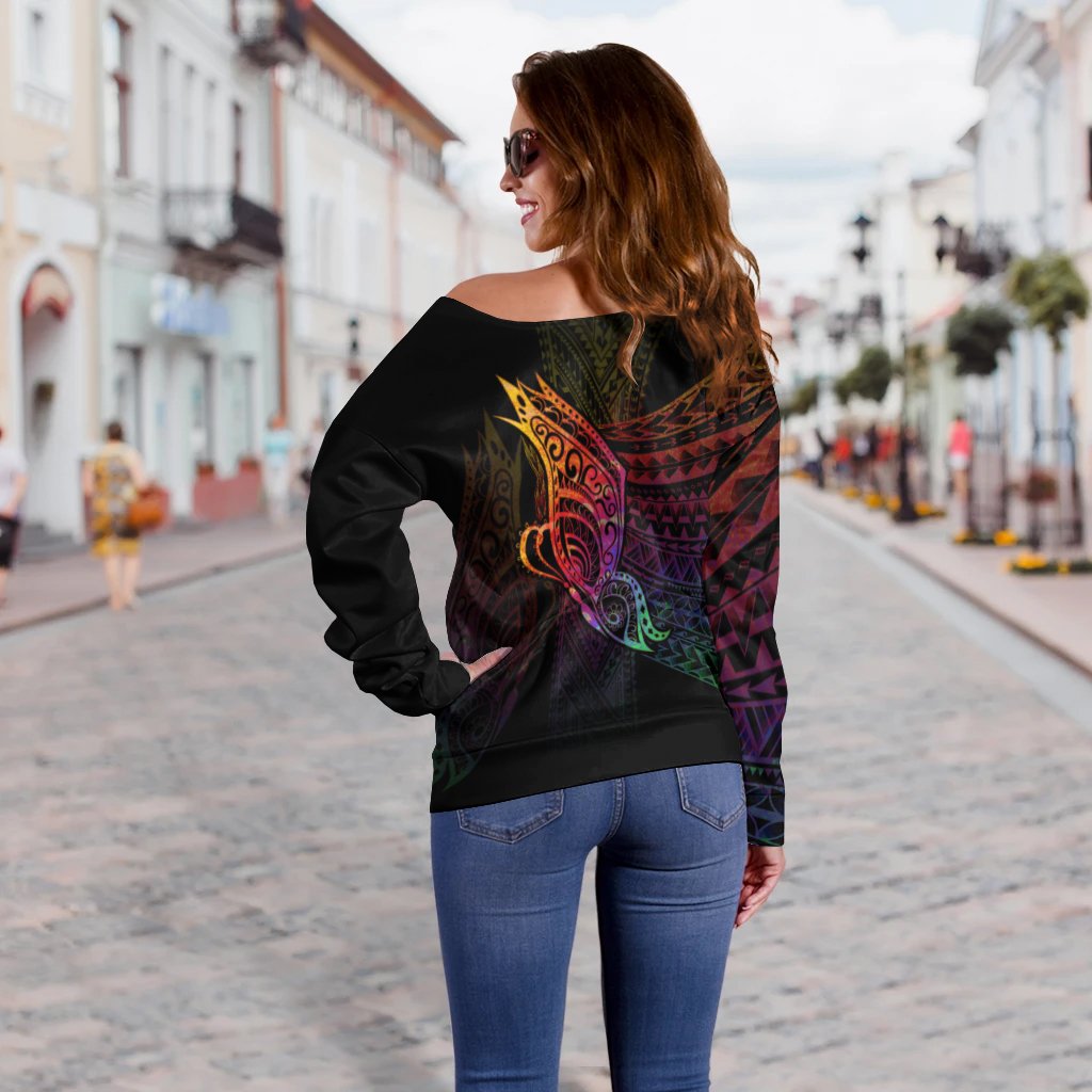 Tuvalu Women's Off Shoulder Sweater - Butterfly Polynesian Style - Polynesian Pride