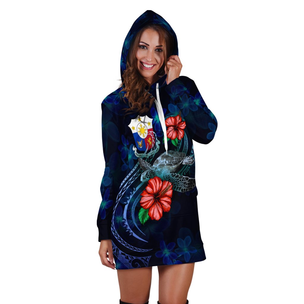 Philippines Polynesian Hoodie Dress - Blue Turtle Hibiscus - Polynesian Pride