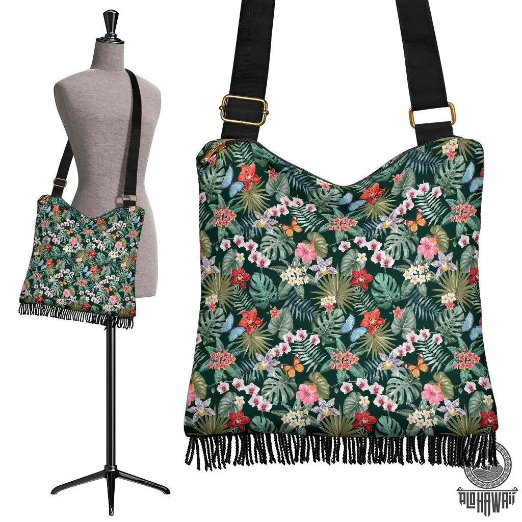Hawaii Tropical Plumeria Pattern With Palm Leaves Crossbody Boho Handbag Crossbody Boho Handbag One Size Green - Polynesian Pride