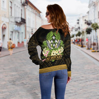Kosrae State Women's Off Shoulder Sweater - Polynesian Gold Patterns Collection - Polynesian Pride