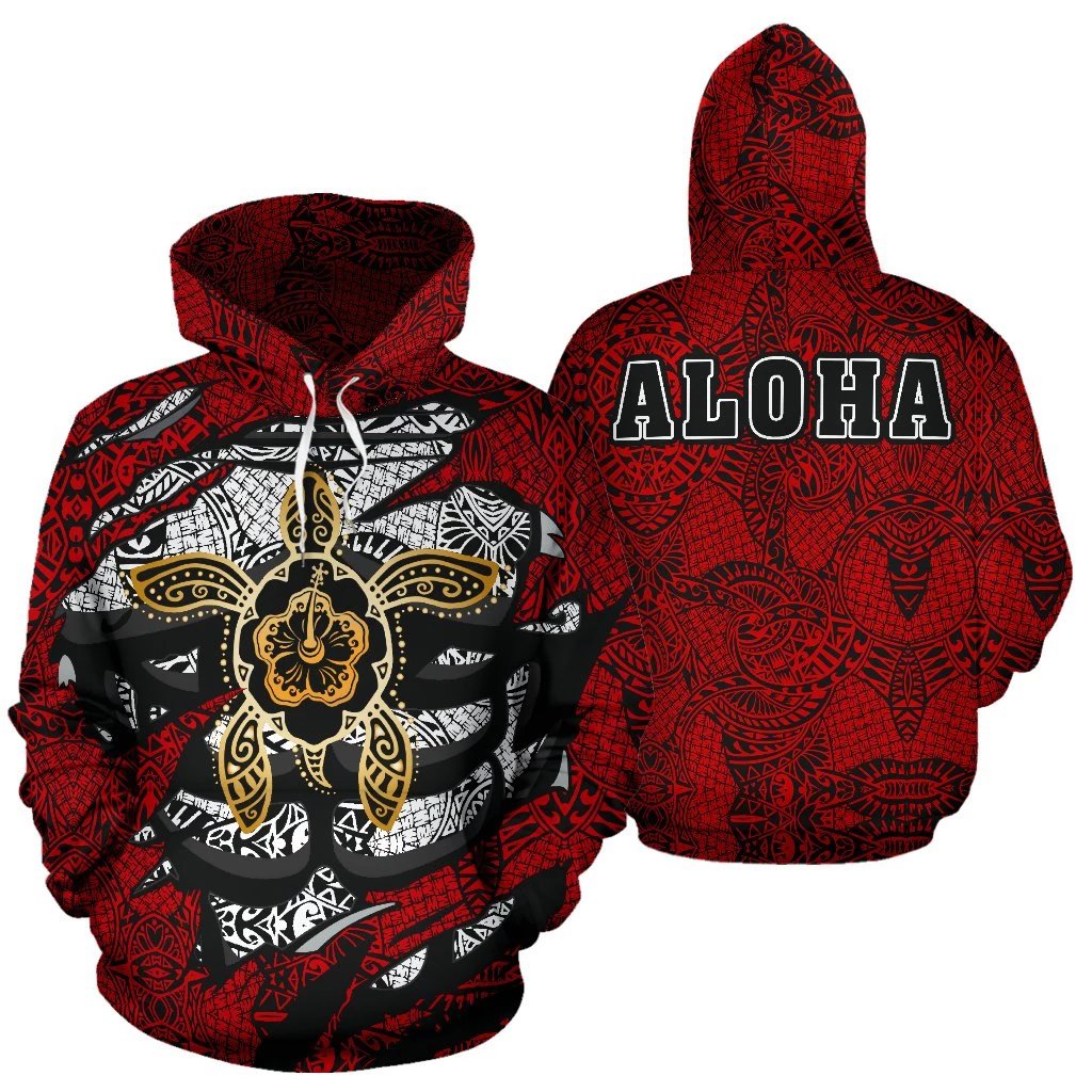 Aloha Turtle Hibiscus Polynesian Hoodie Unisex Red - Polynesian Pride