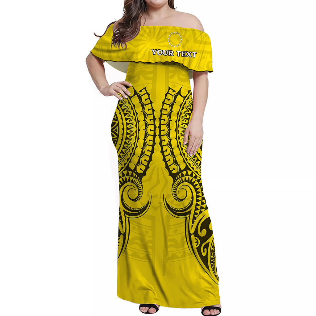 (Custom Personalised) Cook Islands Aitutaki Off Shoulder Long Dress - Tribal Pattern - LT12 Long Dress Yellow - Polynesian Pride