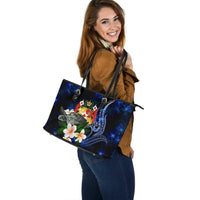 Tonga Polynesian Leather Tote Bag - Turtle With Plumeria Flowers - Polynesian Pride