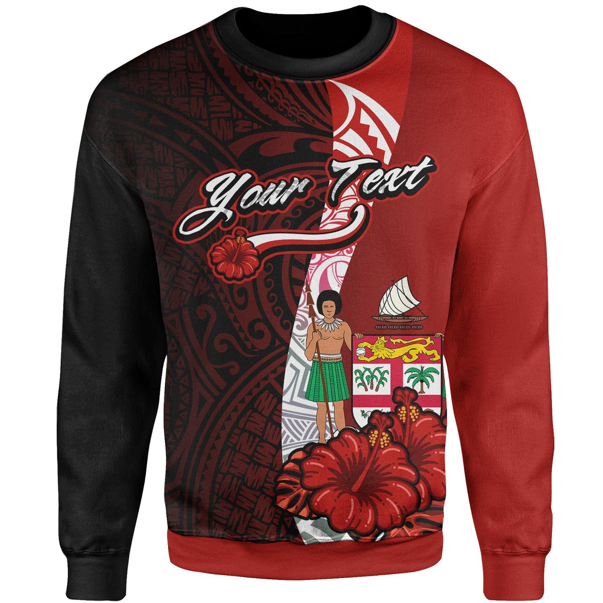 Fiji Polynesian Custom Personalised Sweater - Coat Of Arm With Hibiscus Unisex Red - Polynesian Pride