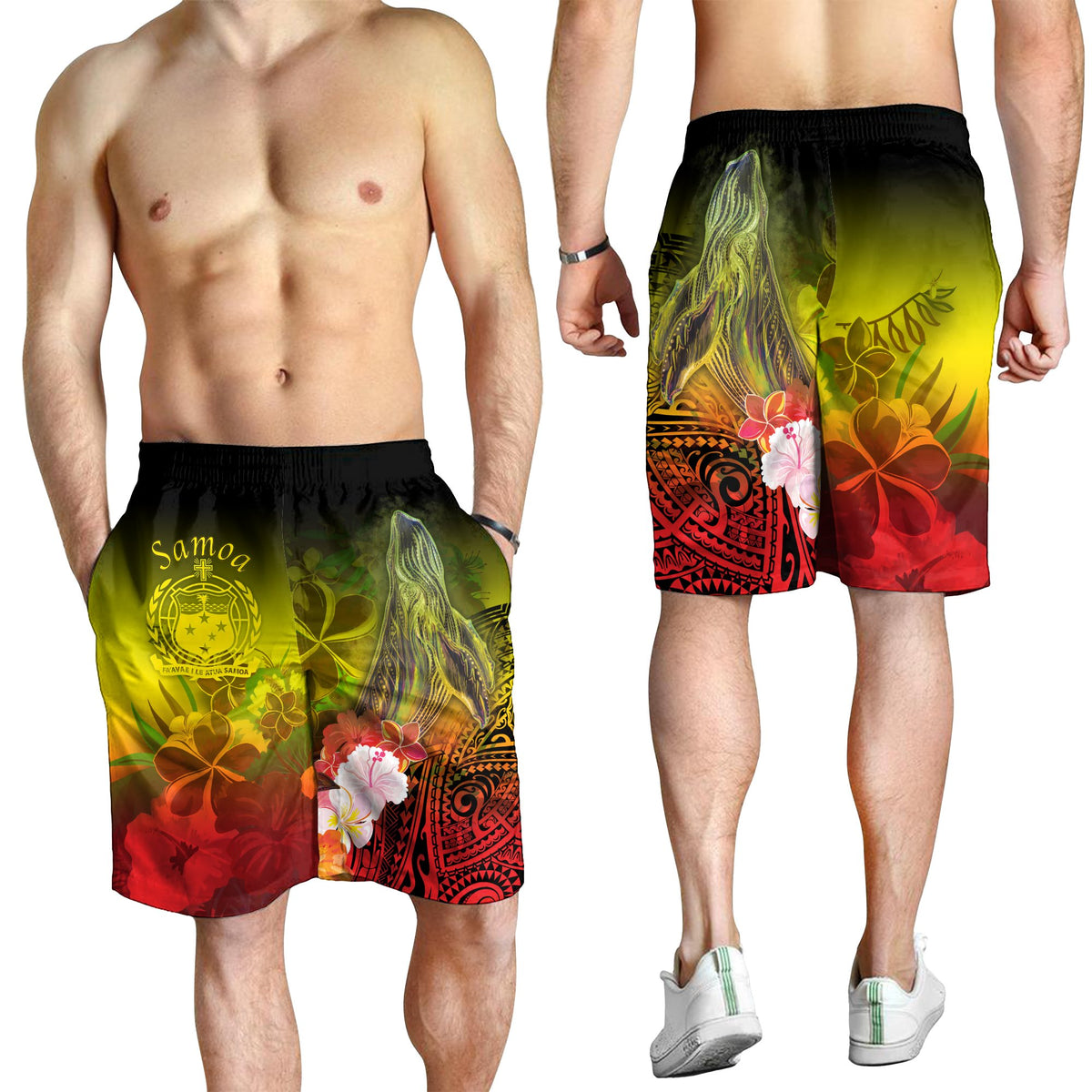 Samoa Men's Shorts - Humpback Whale with Tropical Flowers (Yellow) - Polynesian Pride