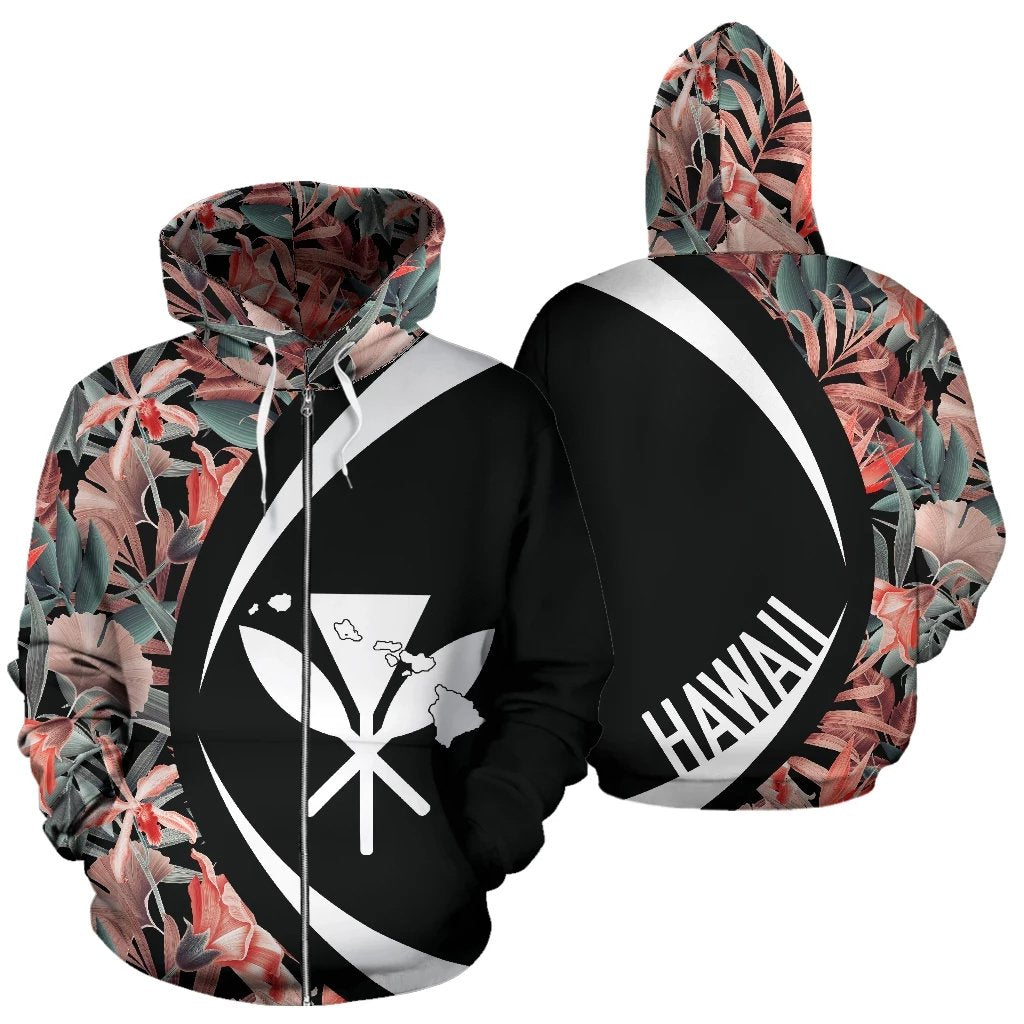 Kanaka Seamless Tropical Flower Plant Leaf Pattern Background Retro Botanical Zipper Hoodie Circle Style Unisex Black - Polynesian Pride