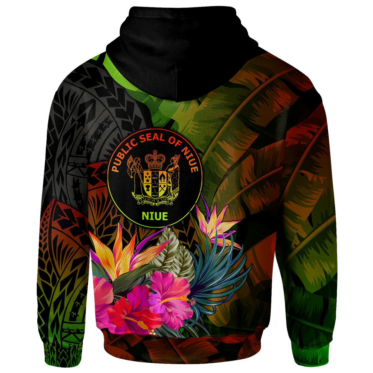 Niue Polynesian Zip up Hoodie Hibiscus and Banana Leaves - Polynesian Pride