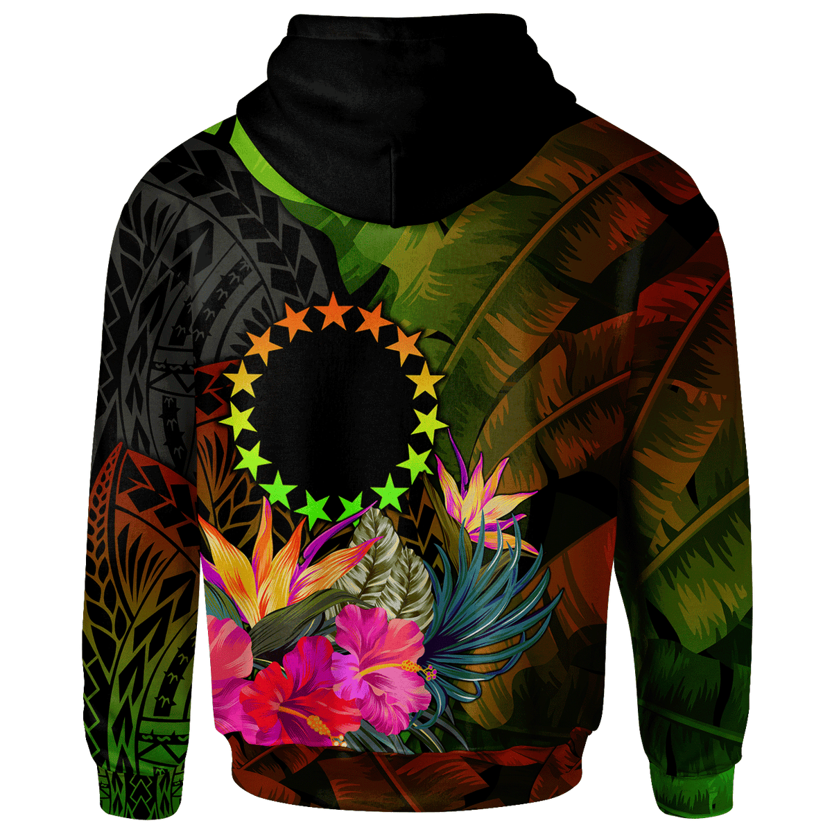 Cook Islands Polynesian Zip up Hoodie Hibiscus and Banana Leaves - Polynesian Pride