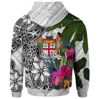 Fiji Zip up Hoodie White Turtle Plumeria Banana Leaf Crest - Polynesian Pride