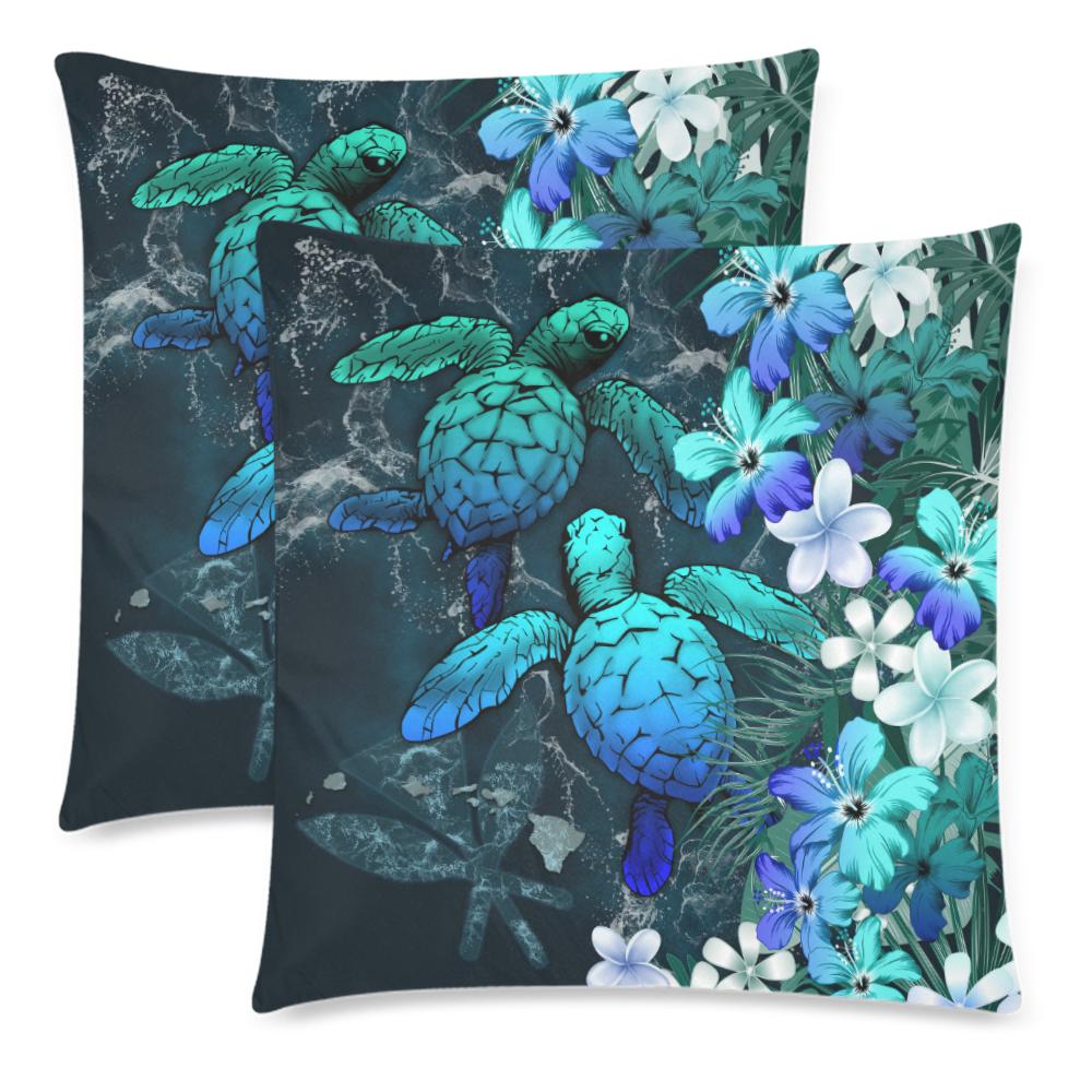 Kanaka Maoli (Hawaiian) Pillow Cases - Sea Turtle Tropical Hibiscus And Plumeria Blue - Polynesian Pride