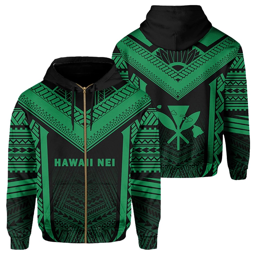 Hawaii Kanaka Polynesian Zip up Hoodie Active Green Unisex Green - Polynesian Pride