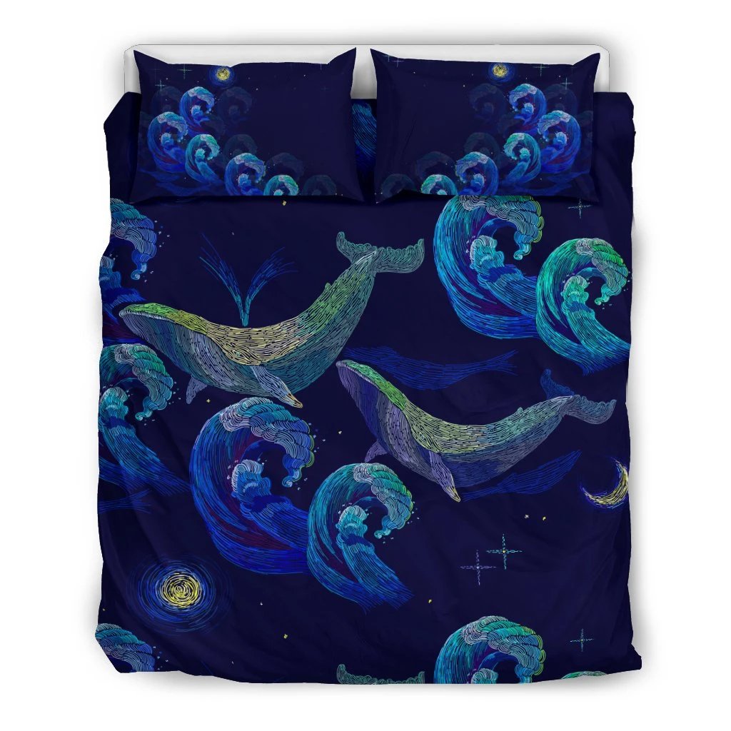 Hawaiian Whale And Wave In Night Polynesian Bedding Set Art - Polynesian Pride