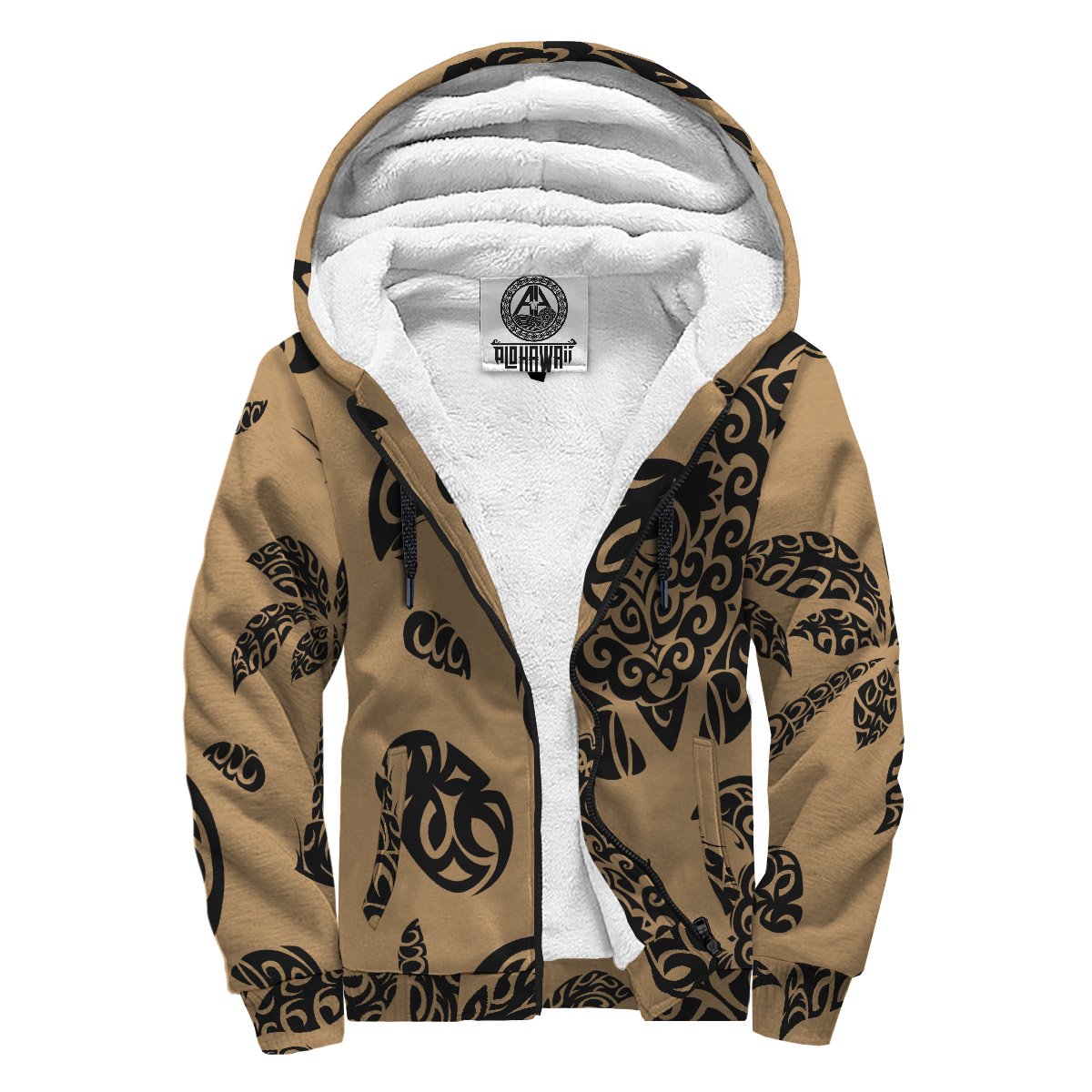 Polynesian Turtle Palm And Sea Pebbles Hawaii Sherpa Hoodie Gold Gold - Polynesian Pride