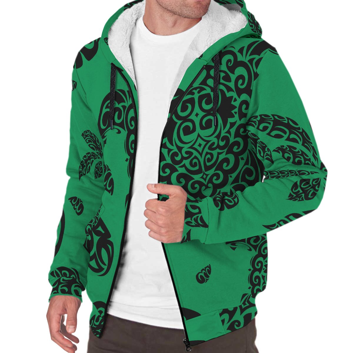 Polynesian Turtle Palm And Sea Pebbles Hawaii Sherpa Hoodie Green - Polynesian Pride
