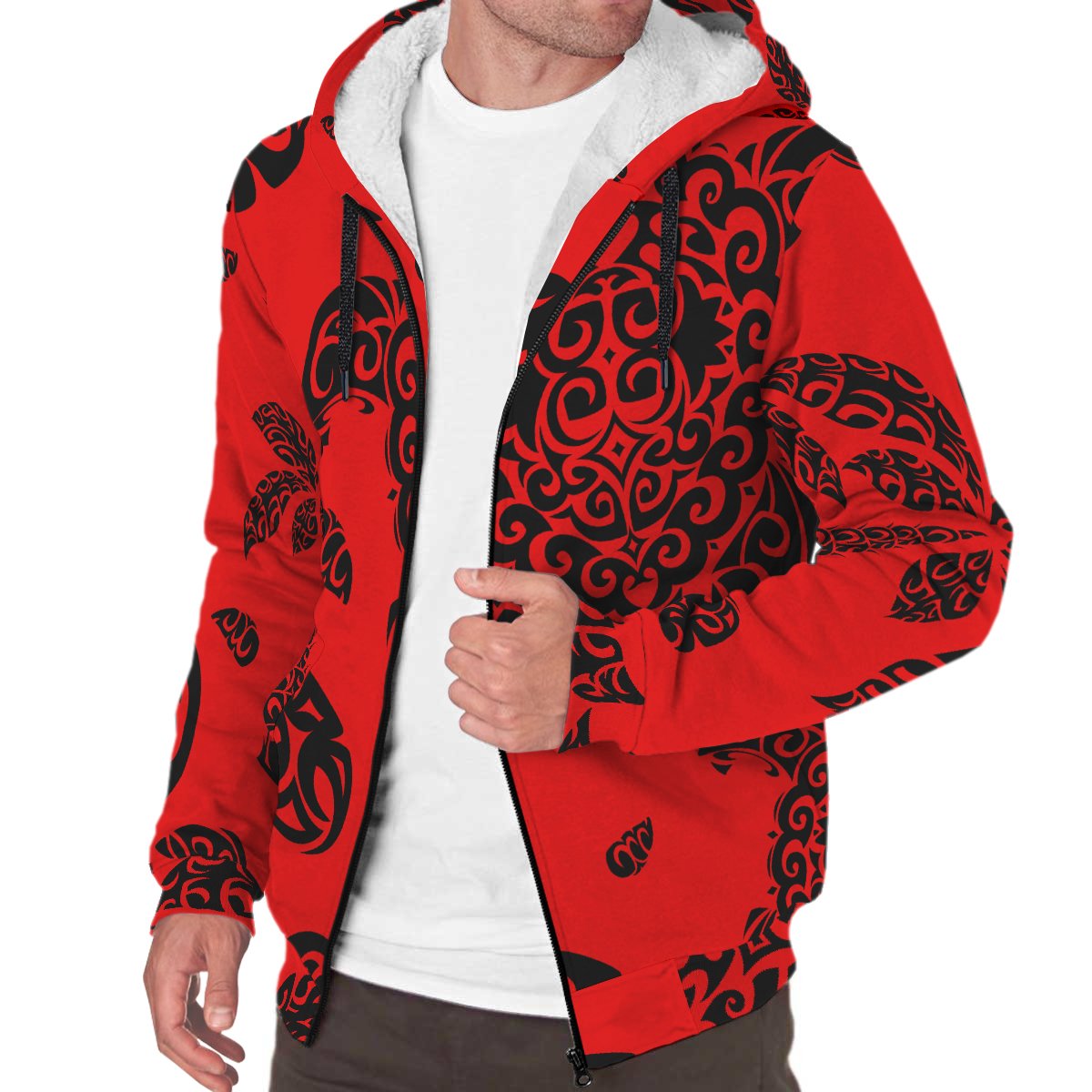 Polynesian Turtle Palm And Sea Pebbles Hawaii Sherpa Hoodie Red - Polynesian Pride