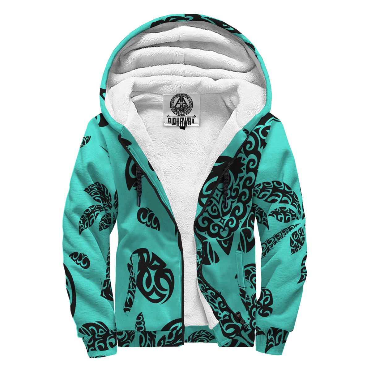 Polynesian Turtle Palm And Sea Pebbles Hawaii Sherpa Hoodie Turquoise Turquoise - Polynesian Pride