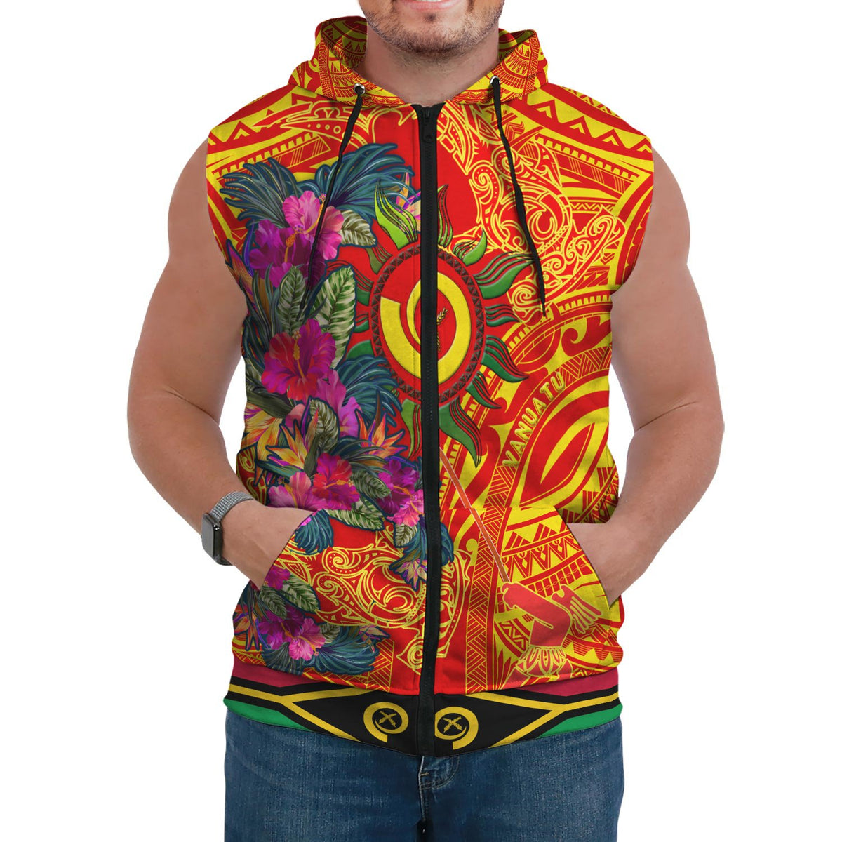 Polynesian Sleeveless Hoodie Vanuatu Symbols With Hibiscus Red - Polynesian Pride