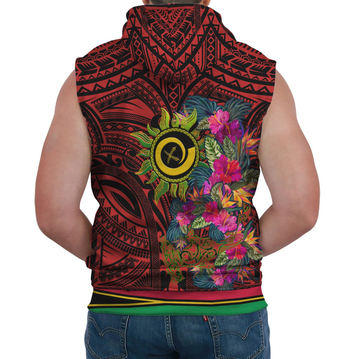 Polynesian Sleeveless Hoodie Vanuatu Symbols With Hibiscus - Polynesian Pride