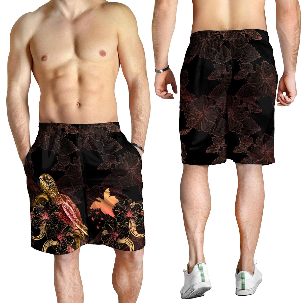 Papua New Guinea Polynesian Men's Shorts - Turtle With Blooming Hibiscus Gold - Polynesian Pride