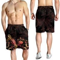 Samoa Polynesian Men's Shorts - Turtle With Blooming Hibiscus Gold - Polynesian Pride