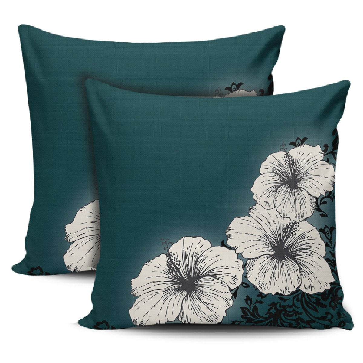 Hibiscus Light White Pillow Covers One Size Zippered Pillow Cases 18"x 18" (Twin Sides) (Set of 2) Black - Polynesian Pride