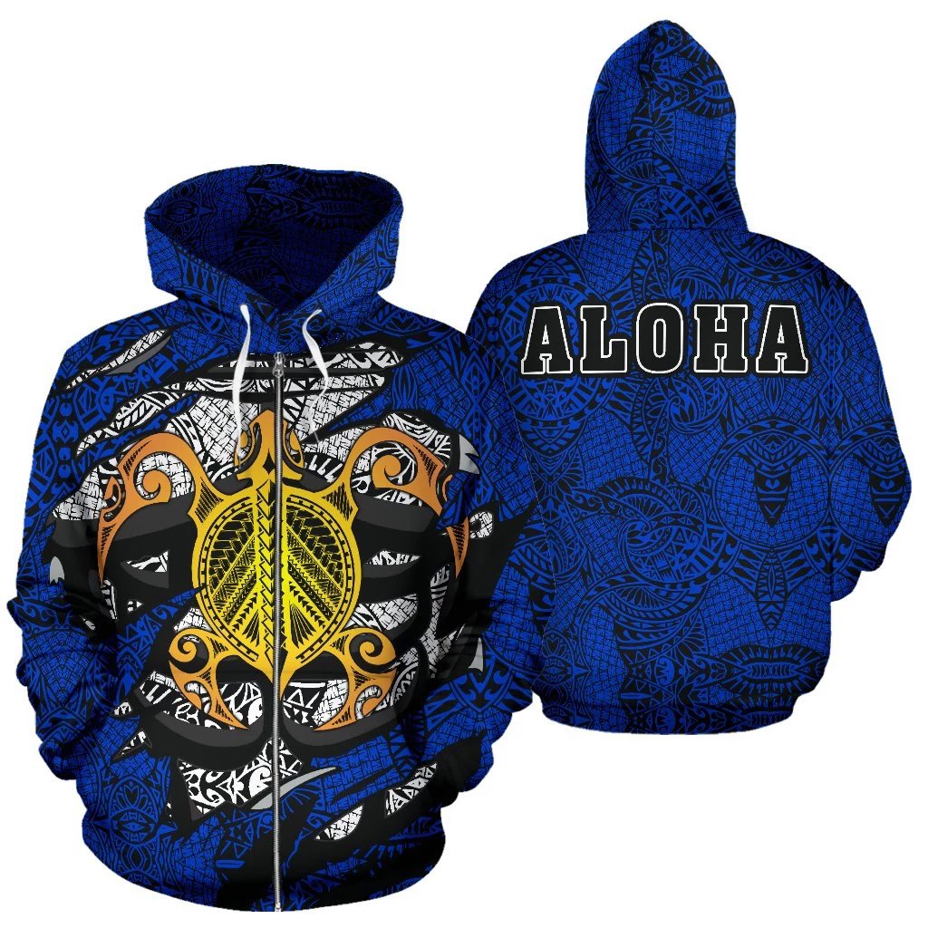 Hawaiian Aloha Turtle Polynesian Blue Zip up Hoodie Unisex Blue - Polynesian Pride