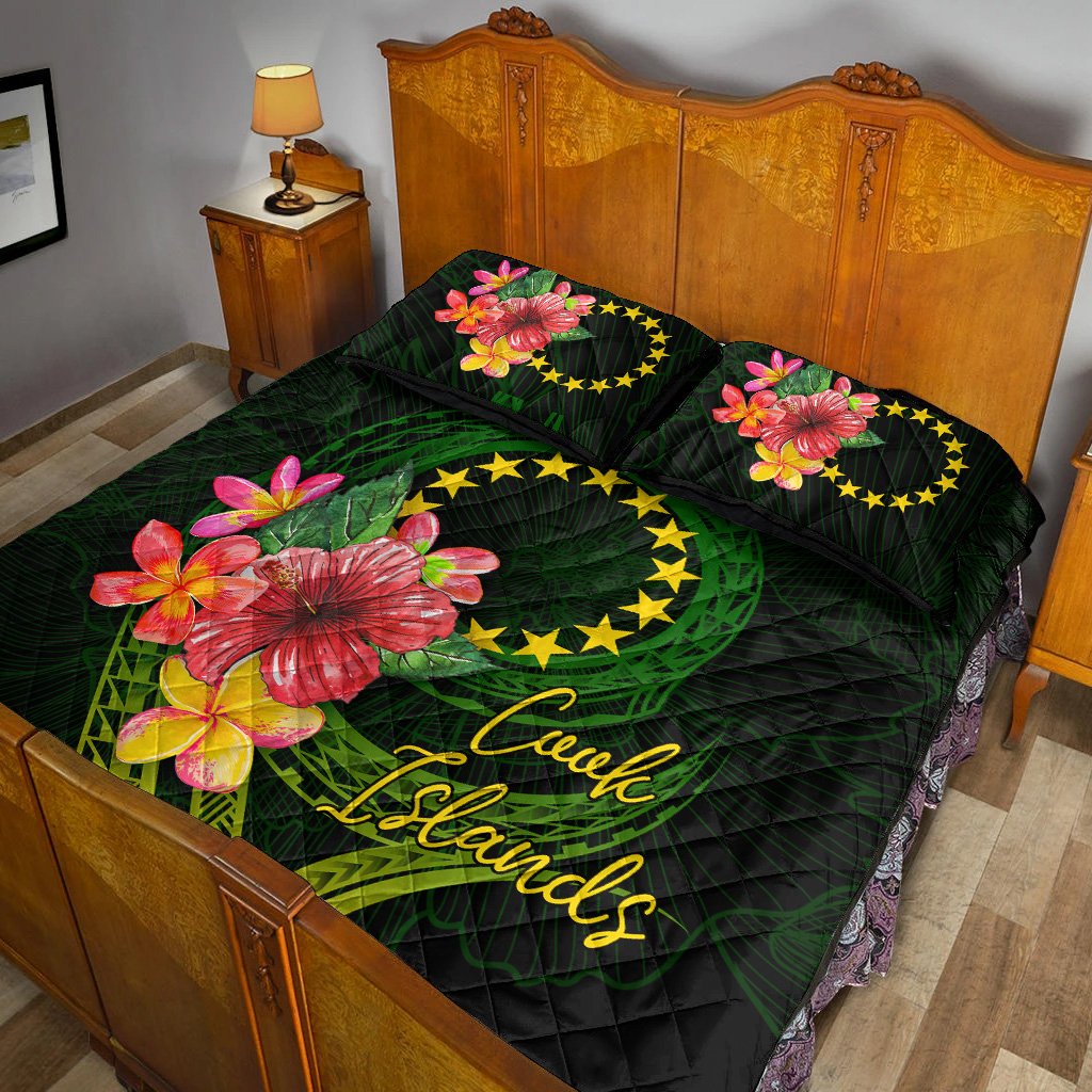 Cook Islands Polynesian Quilt Bed Set - Floral With Seal Flag Color - Polynesian Pride