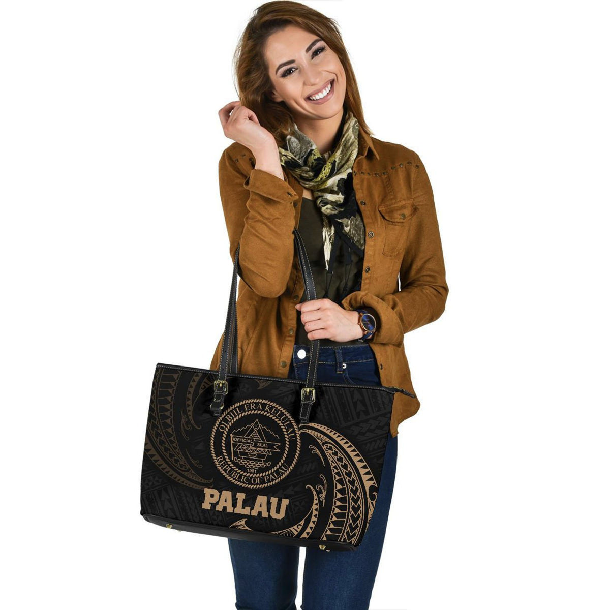Palau Polynesian Leather Tote Bag - Gold Tribal Wave - Polynesian Pride