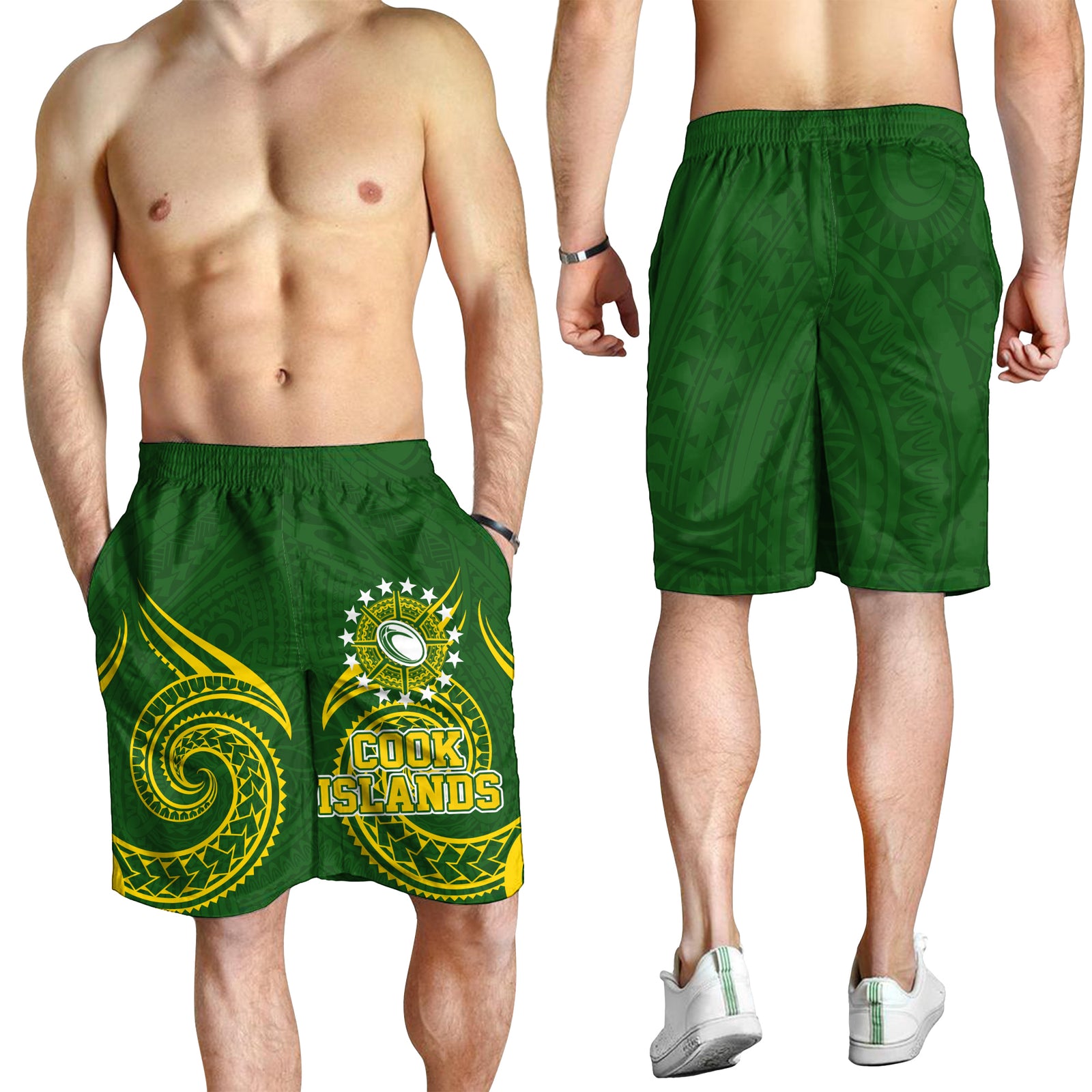 Cook Islands Rugby Men's Short - Tribal Pattern - LT12 Green - Polynesian Pride