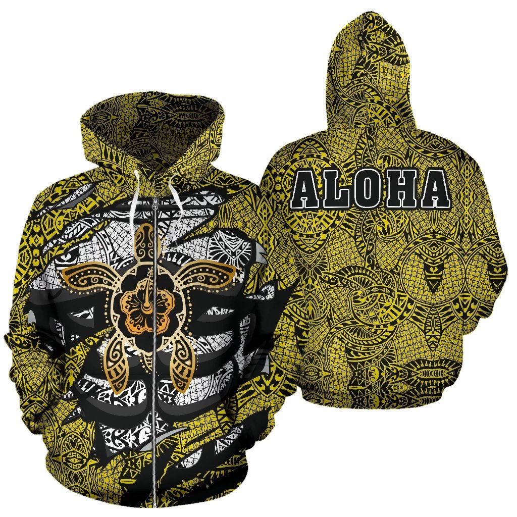 Hibiscus Polynesian Yellow Hawaii Turtle Hoodie (Zip) Unisex Yellow - Polynesian Pride