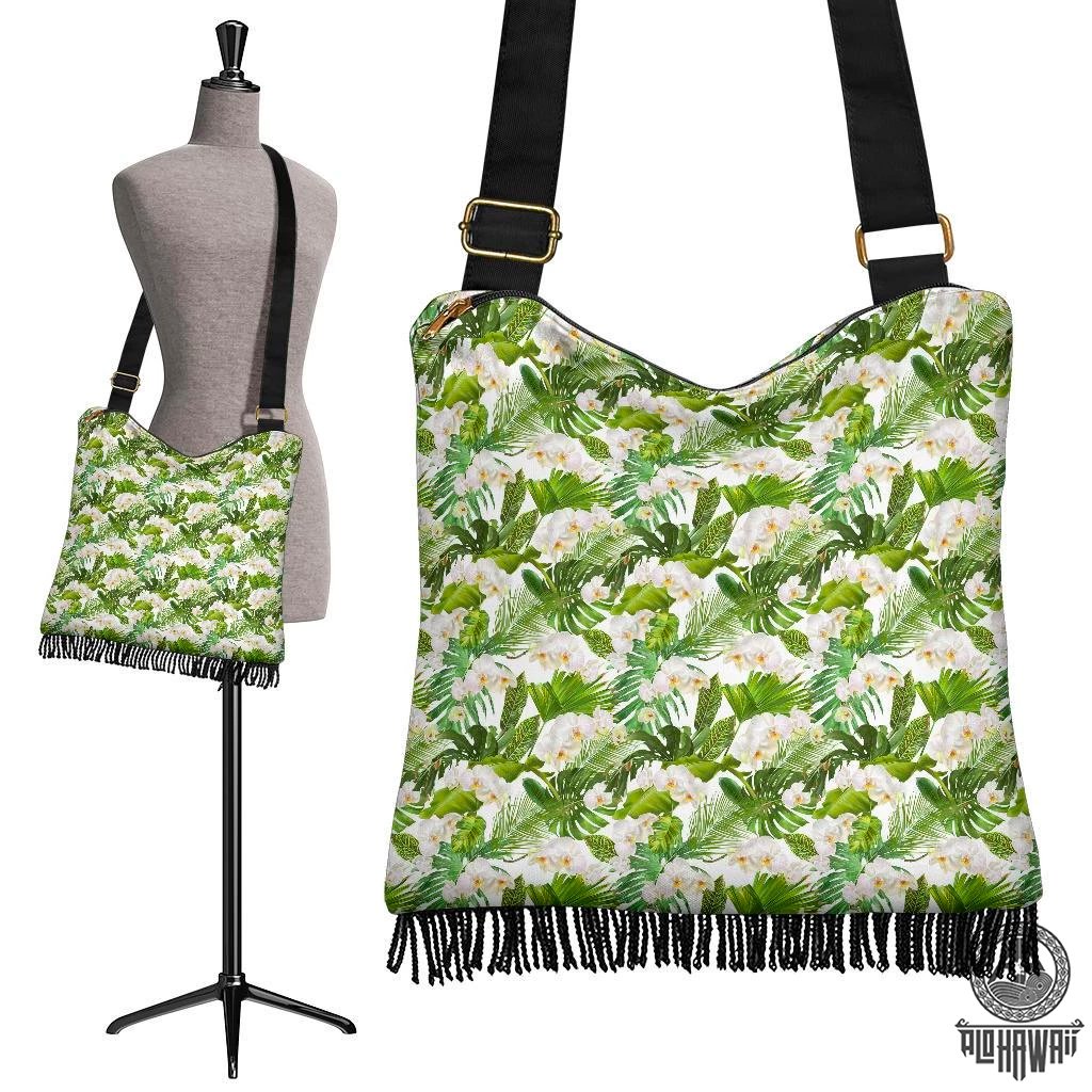 Hawaii Tropical Plumeria White Crossbody Boho Handbag Crossbody Boho Handbag One Size Green - Polynesian Pride