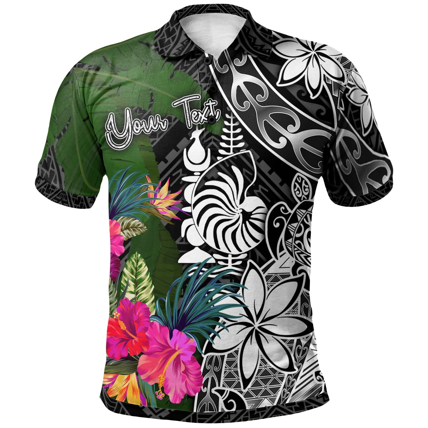 New Caledonia Custom Polo Shirt Turtle Plumeria Banana Leaf Crest Unisex Black - Polynesian Pride