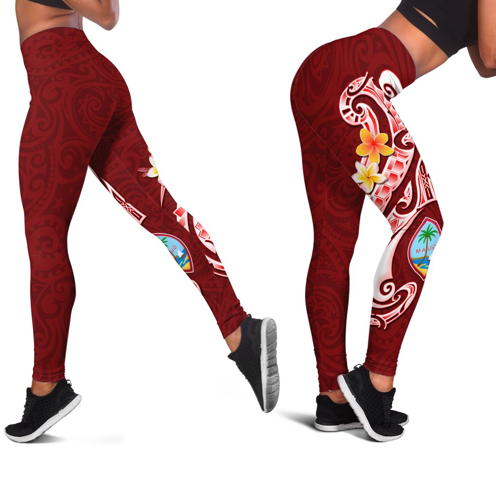 Guam Personalised Premium Leggings - Guam Seal Polynesian Patterns Plumeria (Red) - Polynesian Pride