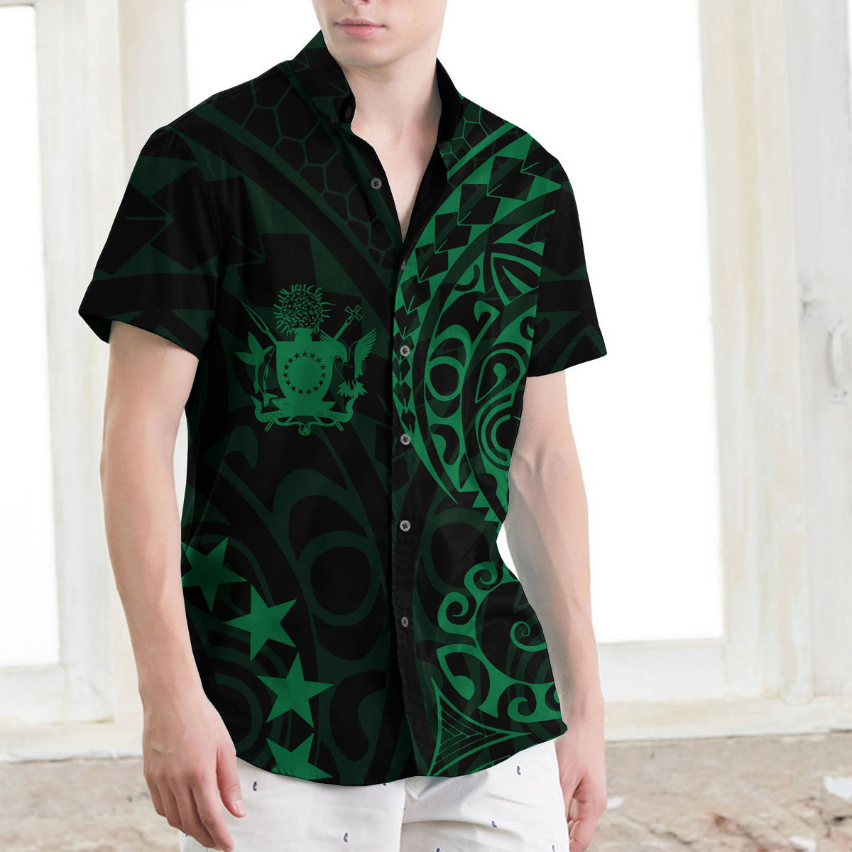 Cook Islands Short Sleeve Shirt Green Men Green - Polynesian Pride