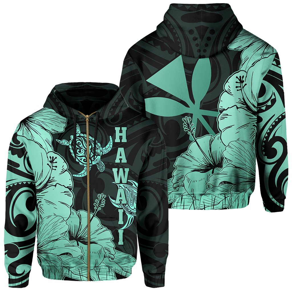 Hawaii Turtle Hoodie (Zipper) Polynesian Hibiscus Art Ver 2.0 Turquoise Unisex Turquoise - Polynesian Pride