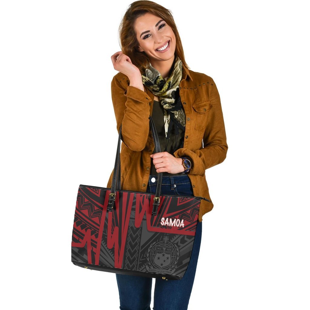 Samoa Leather Tote Bag - Samoa Coat Of Arms With Polynesian Pattern In Heartbeat Style (Red) - Polynesian Pride