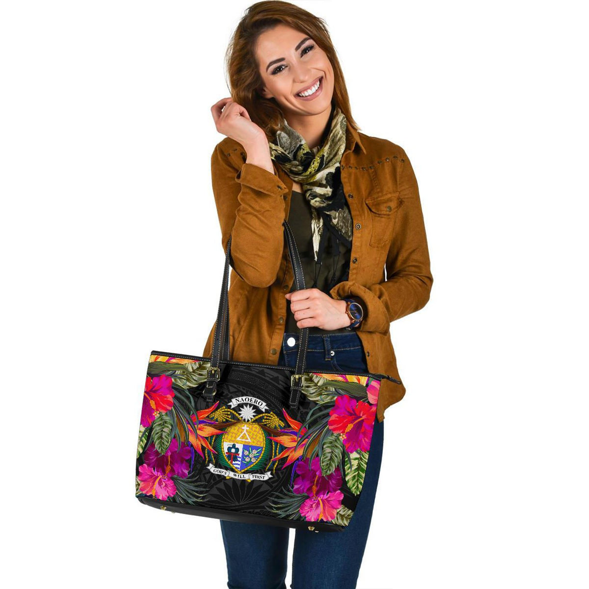 Nauru Large Leather Tote - Polynesian Hibiscus Pattern - Polynesian Pride