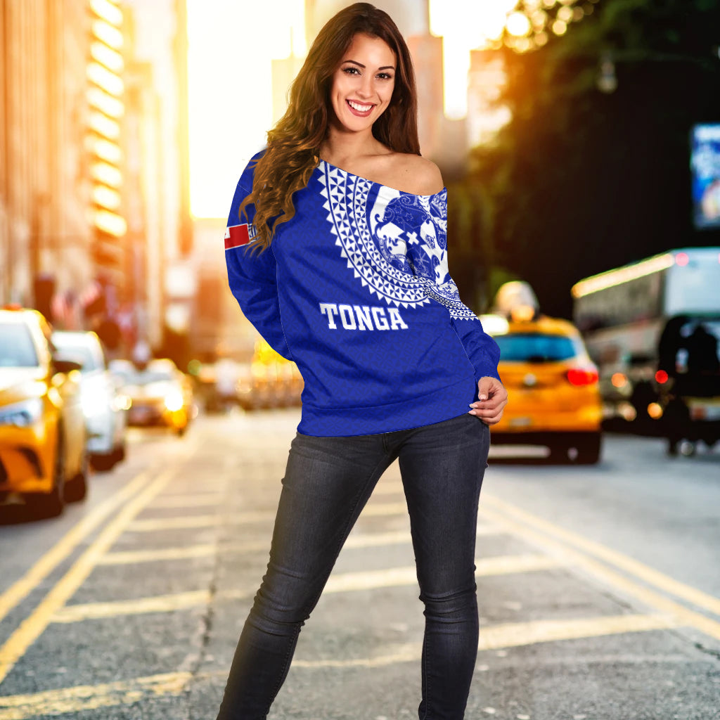 Tonga Women Off Shoulder Sweater Tongan Blue Turtle - LT12 - Polynesian Pride