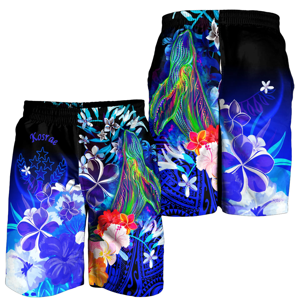 Kosrae Men's Shorts - Humpback Whale with Tropical Flowers (Blue) - Polynesian Pride