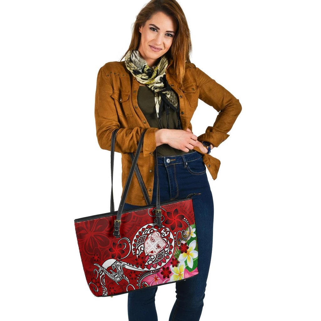 Fiji Large Leather Tote - Turtle Plumeria (Red) - Polynesian Pride