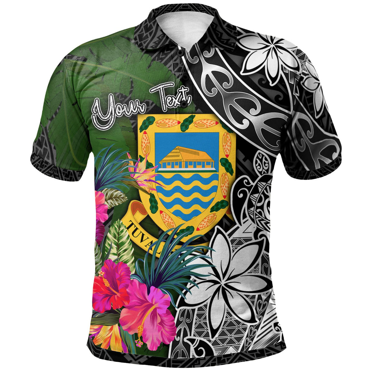 Tavalu Custom Polo Shirt Turtle Plumeria Banana Leaf Unisex Black - Polynesian Pride