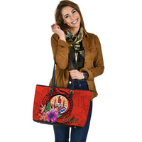 Tahiti Polynesian Leather Tote Bag - Floral With Seal Red - Polynesian Pride