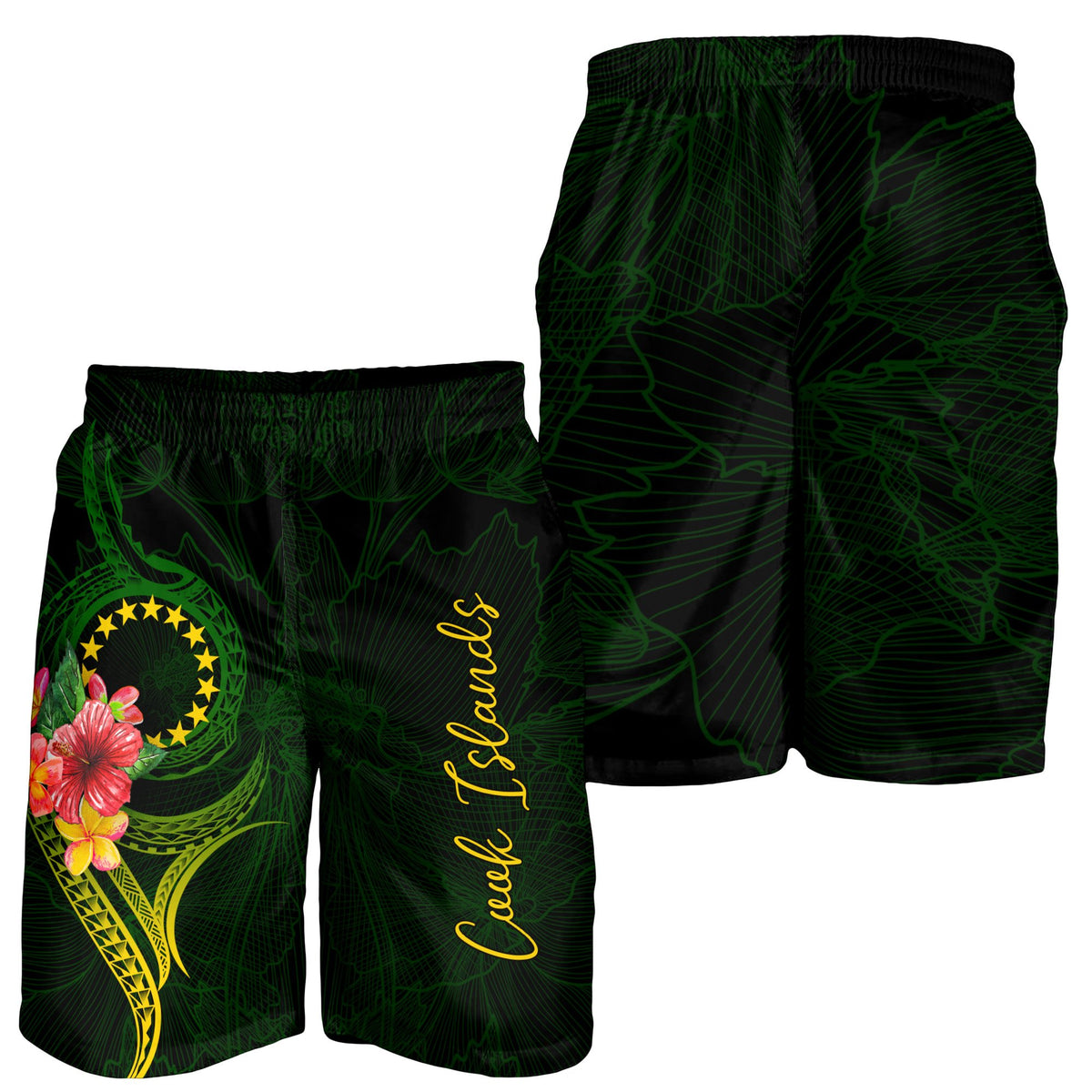 Cook Islands Polynesian Men's Short - Floral With Seal Flag Color - Polynesian Pride