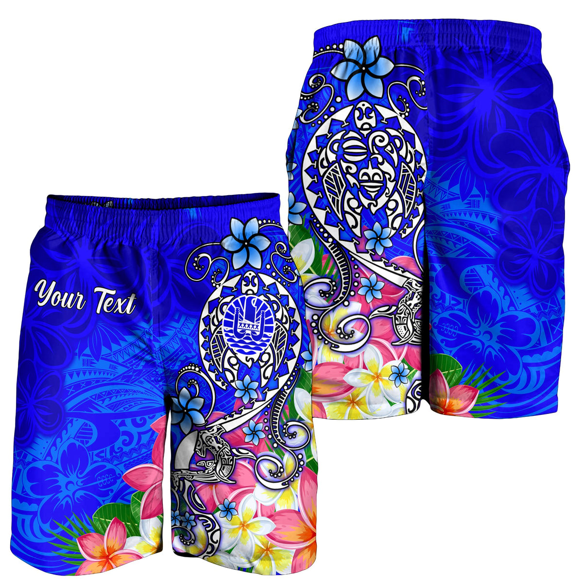 Tahiti Custom Personalised Men's Shorts - Turtle Plumeria (Blue) - Polynesian Pride