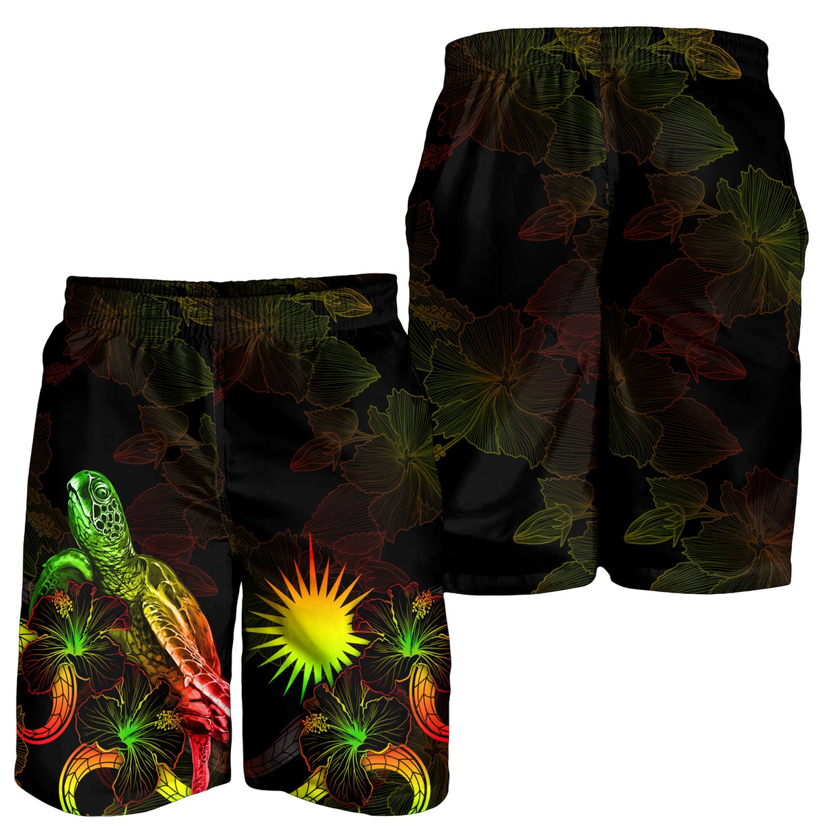 Marshall Islands Polynesian Men's Shorts - Turtle With Blooming Hibiscus Reggae - Polynesian Pride