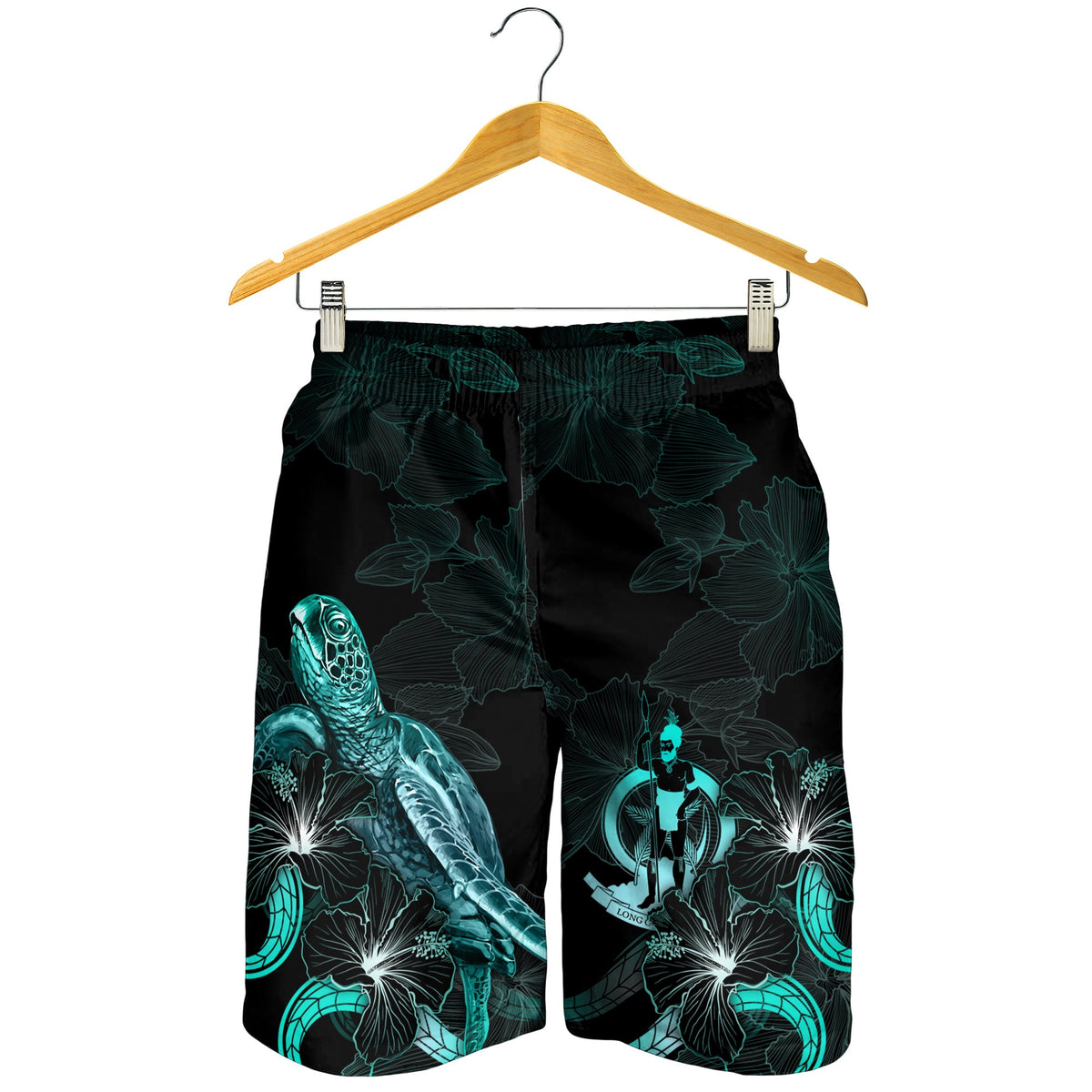 Vanuatu Polynesian Men's Shorts - Turtle With Blooming Hibiscus Turquoise - Polynesian Pride